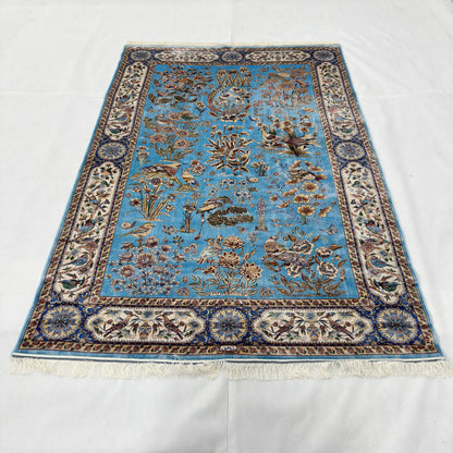 Persian Silk Garden Birds Rug 5 ft x 8 ft | Pure Silk Abresham 1600 Reed