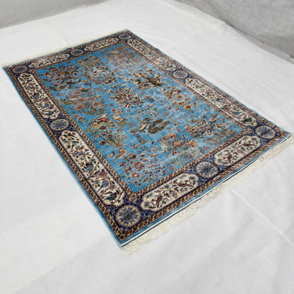 Persian Silk Garden Birds Rug 5 ft x 8 ft | Pure Silk Abresham 1600 Reed