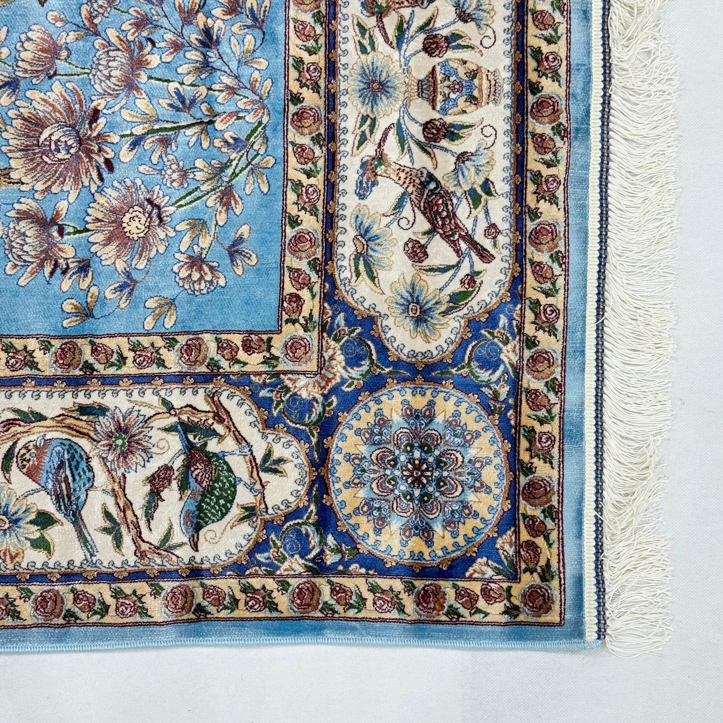 Persian Silk Garden Birds Rug 5 ft x 8 ft | Pure Silk Abresham 1600 Reed