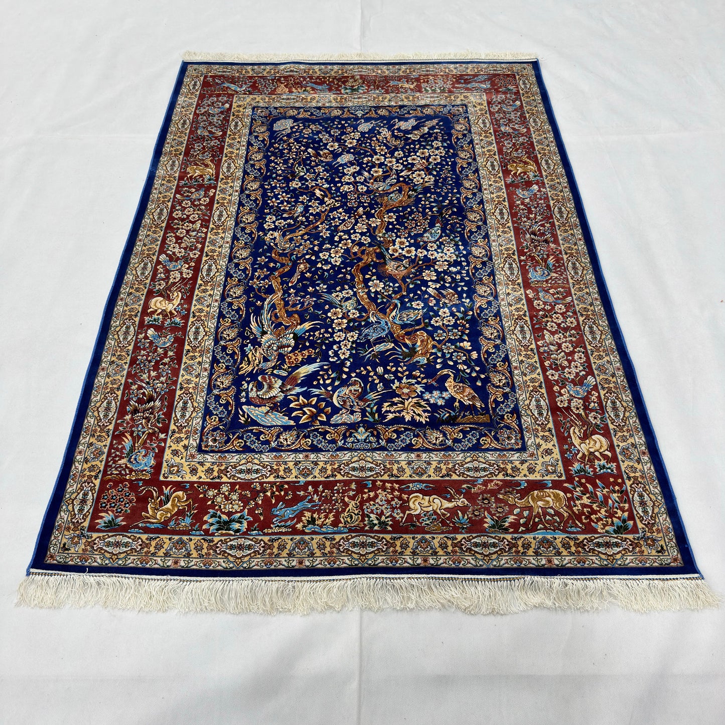 Persian Silk Garden Bird Rug 4 ft x 6 ft | Pure Silk Abresham | 1600 Reed