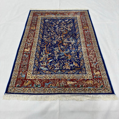 Persian Silk Garden Bird Rug 4 ft x 6 ft | Pure Silk Abresham | 1600 Reed