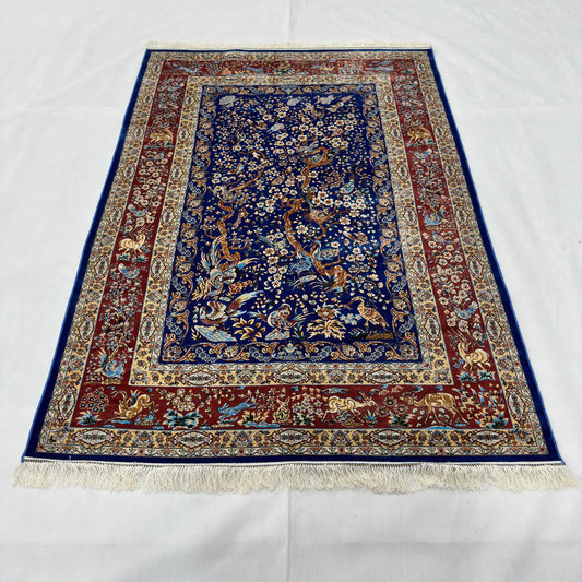 Persian Silk Garden Bird Rug 4 ft x 6 ft | Pure Silk Abresham | 1600 Reed