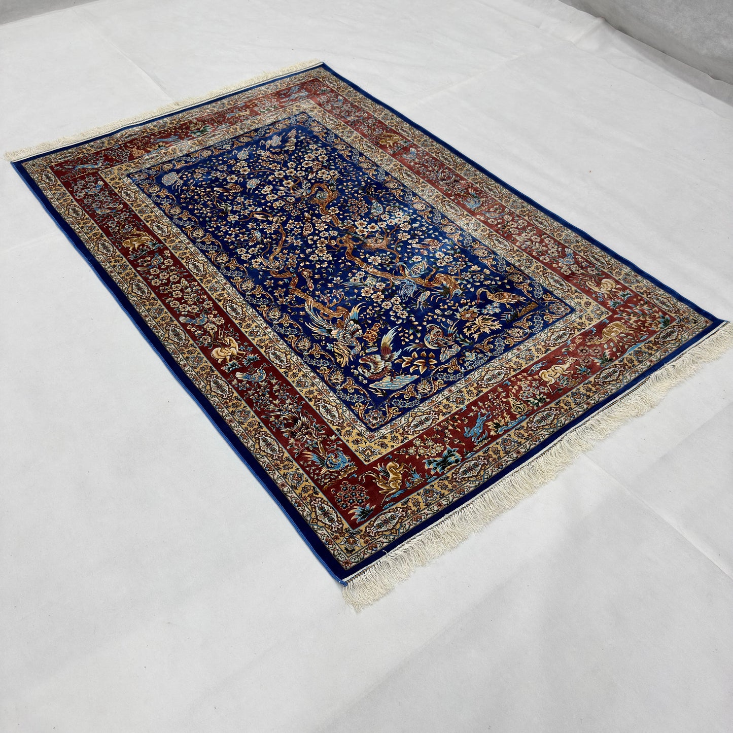 Persian Silk Garden Bird Rug 4 ft x 6 ft | Pure Silk Abresham | 1600 Reed