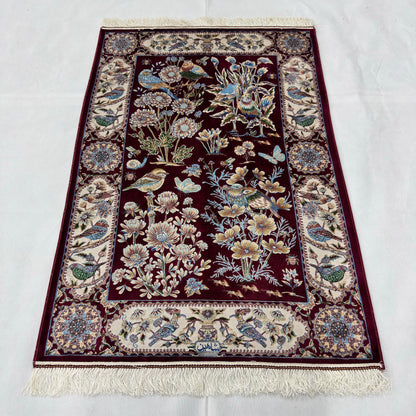 Persian Silk Garden Bird Rug 2.5 ft x 4 ft | Pure Silk Abresham 1600 Reed