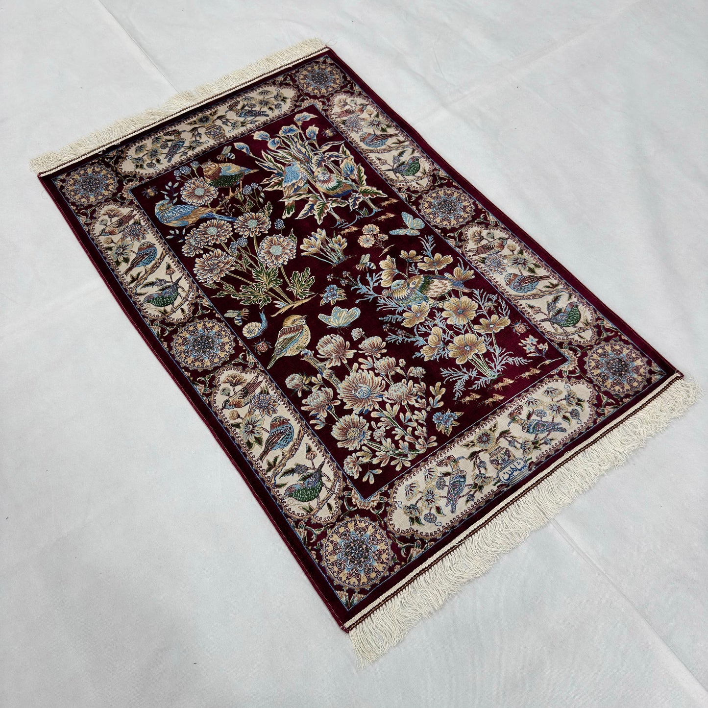 Persian Silk Garden Bird Rug 2.5 ft x 4 ft | Pure Silk Abresham 1600 Reed