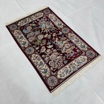 Persian Silk Garden Bird Rug 2.5 ft x 4 ft | Pure Silk Abresham 1600 Reed