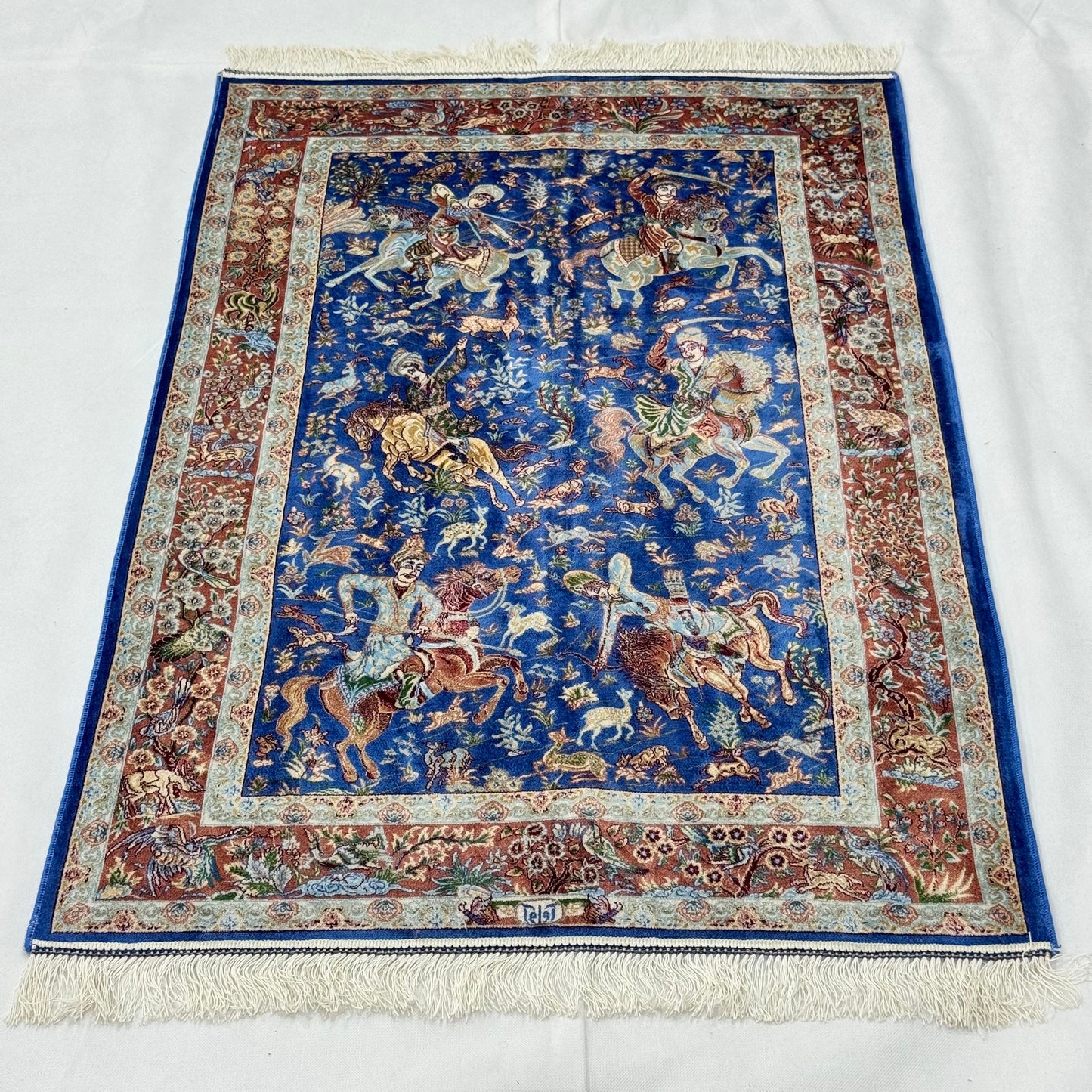 Persian Silk Hunt Scene Rug 2.5 ft x 4 ft | 1600 Reed Pure Silk Abresham