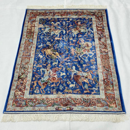Persian Silk Hunt Scene Rug 2.5 ft x 4 ft | 1600 Reed Pure Silk Abresham