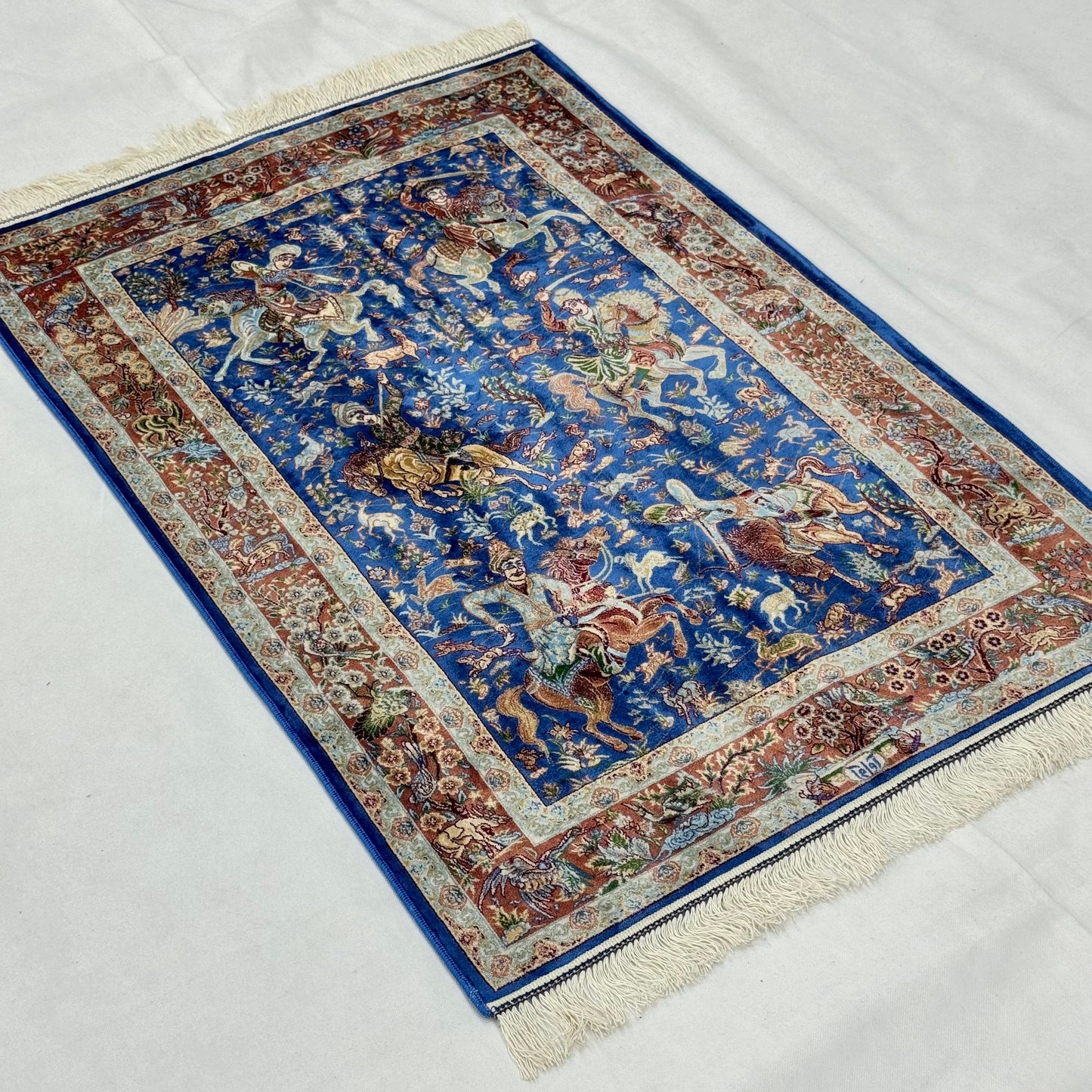 Persian Silk Hunt Scene Rug 2.5 ft x 4 ft | 1600 Reed Pure Silk Abresham