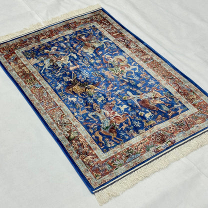 Persian Silk Hunt Scene Rug 2.5 ft x 4 ft | 1600 Reed Pure Silk Abresham
