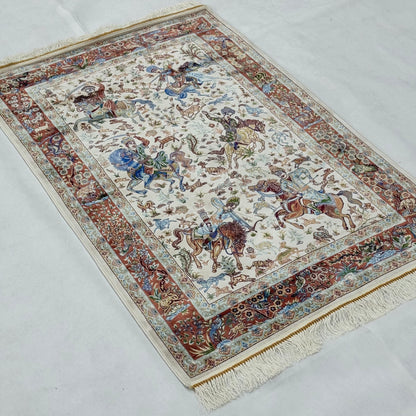 Persian Silk Hunting Scene Rug 2.5 ft x 4 ft | Pure Silk Abresham