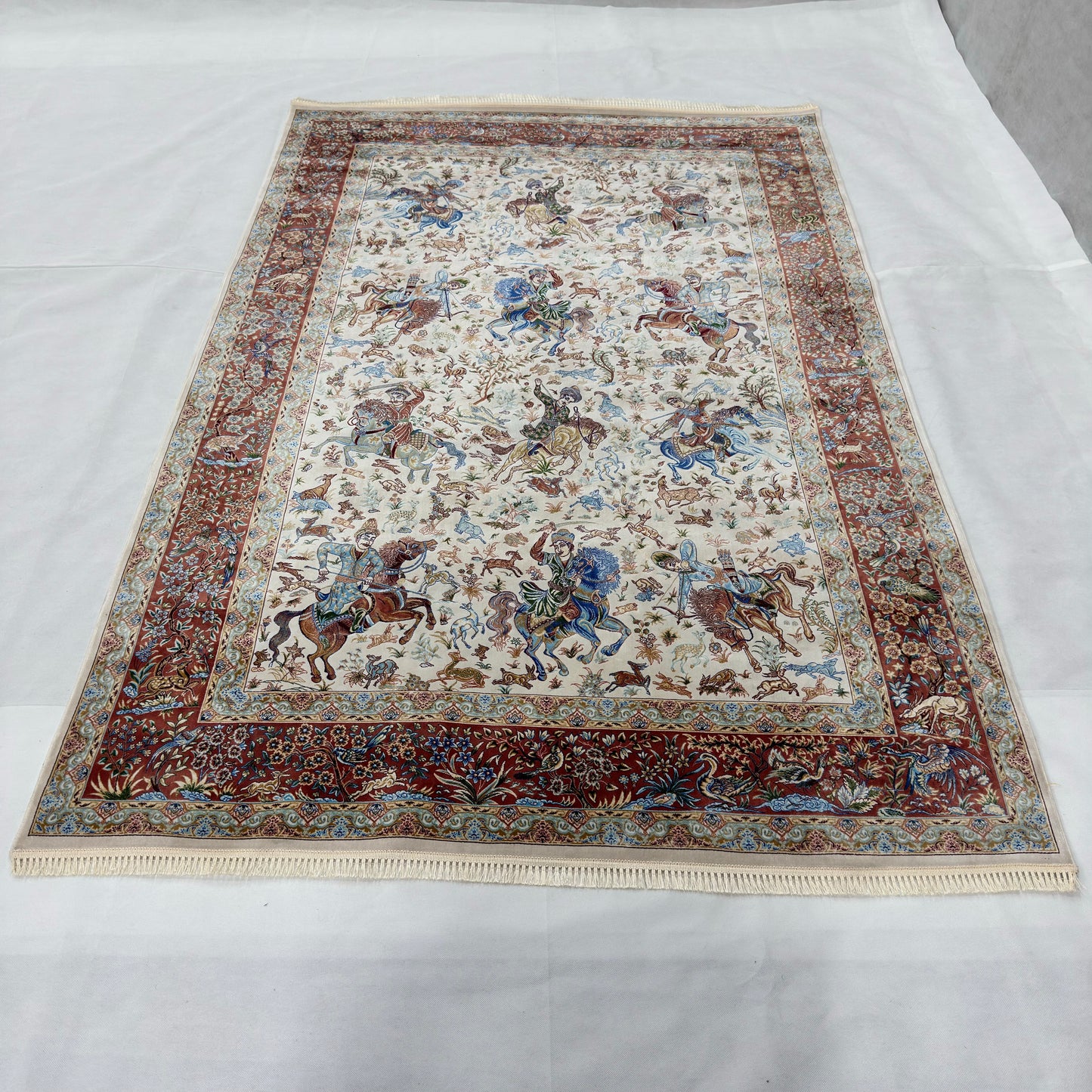 Persian Silk Hunting Scene Rug 5 ft x 8 ft | 1600 Reed Pure Silk Abresham
