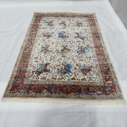 Persian Silk Hunting Scene Rug 5 ft x 8 ft | 1600 Reed Pure Silk Abresham
