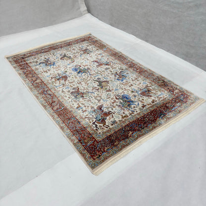 Persian Silk Hunting Scene Rug 5 ft x 8 ft | 1600 Reed Pure Silk Abresham