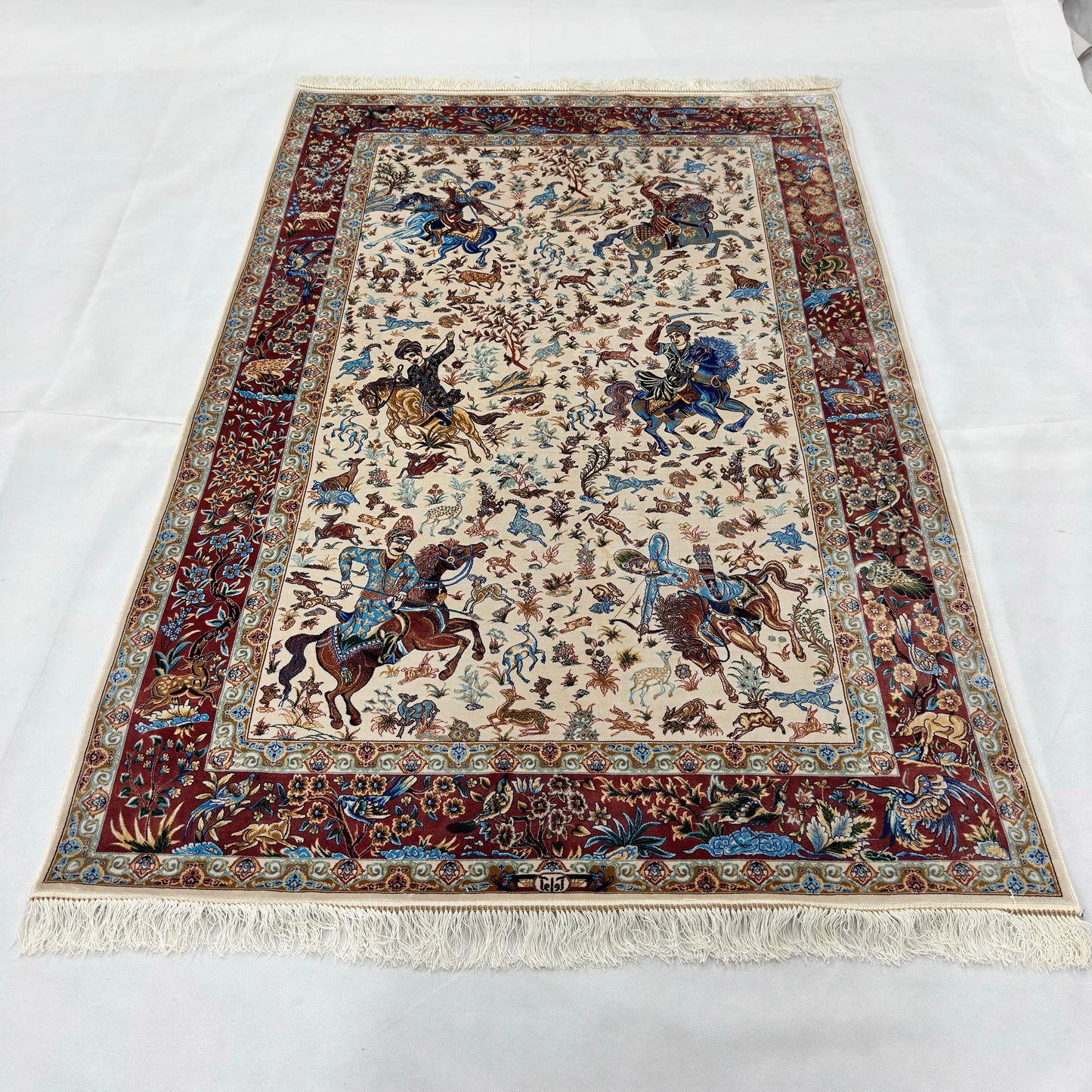 Persian Silk Hunt Scene Rug 4 ft x 6 ft | Pure Silk Abresham | 1600 Reed