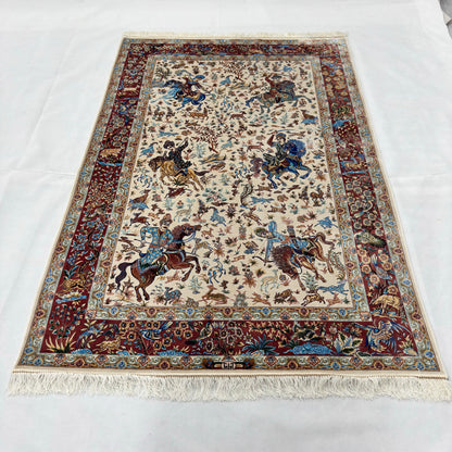 Persian Silk Hunt Scene Rug 4 ft x 6 ft | Pure Silk Abresham | 1600 Reed