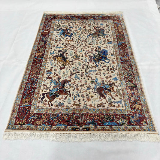 Persian Silk Hunt Scene Rug 4 ft x 6 ft | Pure Silk Abresham | 1600 Reed