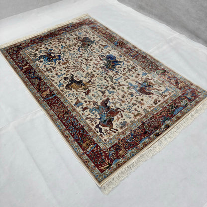 Persian Silk Hunt Scene Rug 4 ft x 6 ft | Pure Silk Abresham | 1600 Reed