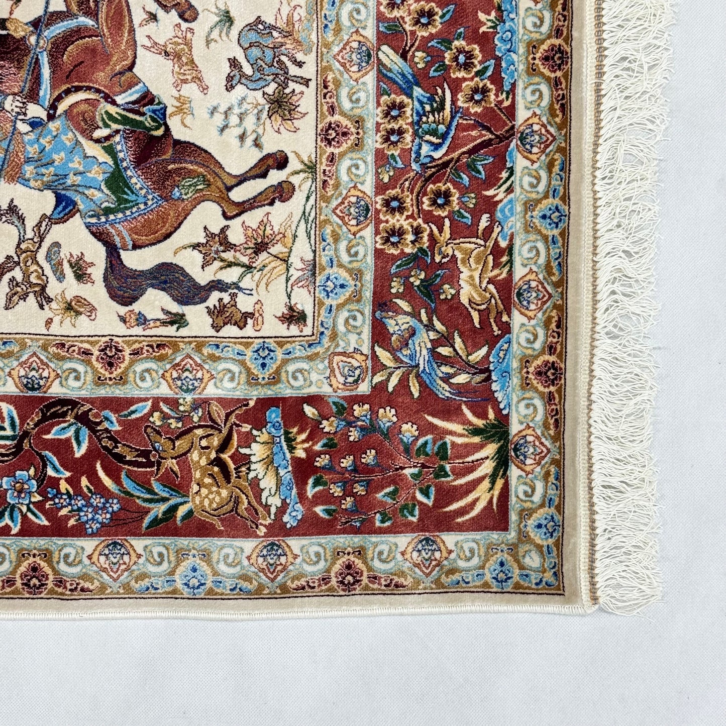 Persian Silk Hunt Scene Rug 4 ft x 6 ft | Pure Silk Abresham | 1600 Reed