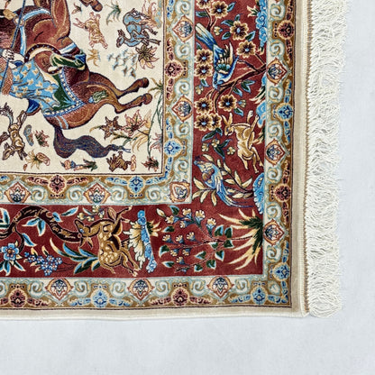 Persian Silk Hunt Scene Rug 4 ft x 6 ft | Pure Silk Abresham | 1600 Reed