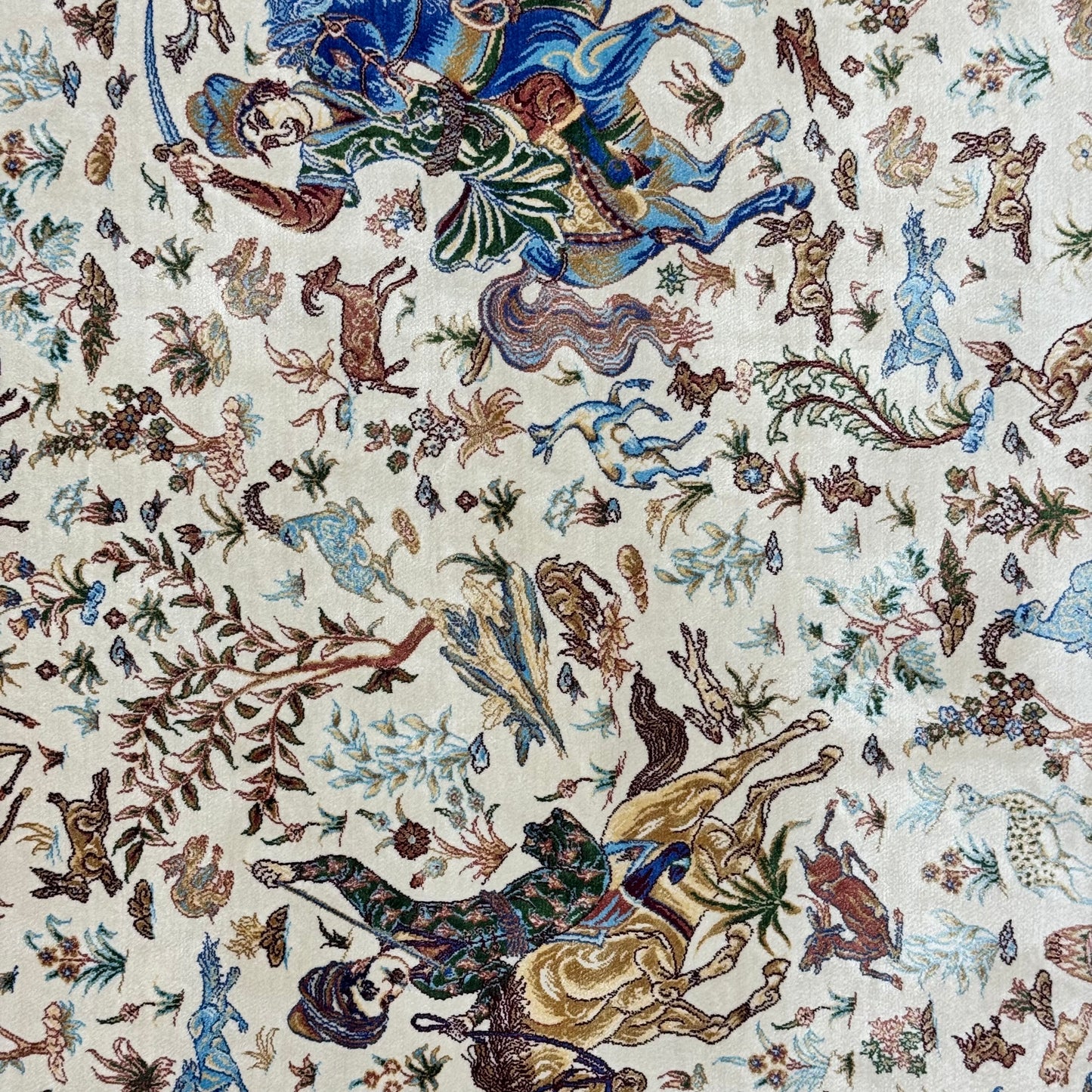 Persian Silk Hunt Scene Rug 4 ft x 6 ft | Pure Silk Abresham | 1600 Reed