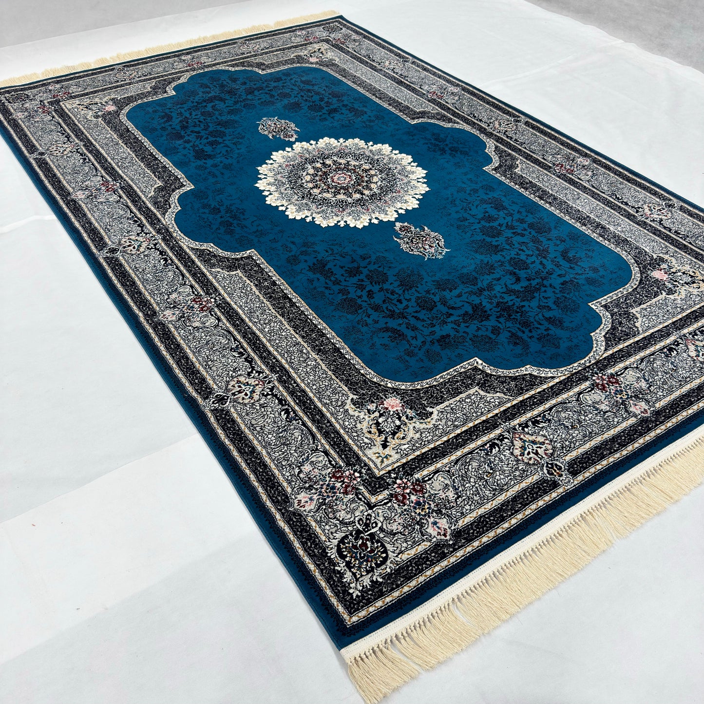 7 ft x 10 ft Navy Persian 700 Reed Acrylic Rug, Nain Medallion Carpet