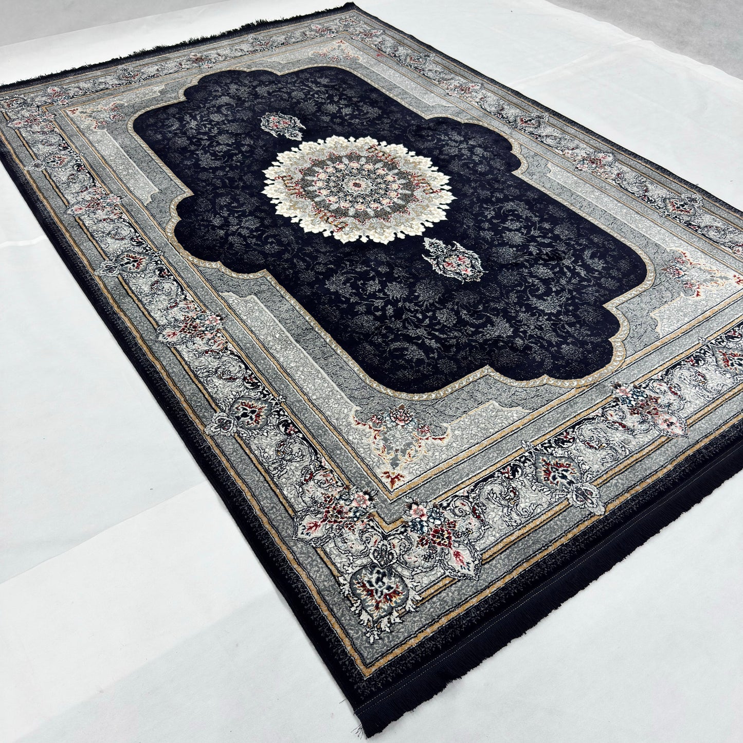 7 ft x 10 ft Black Persian 700 Reed Acrylic Rug, Nain Medallion Carpet