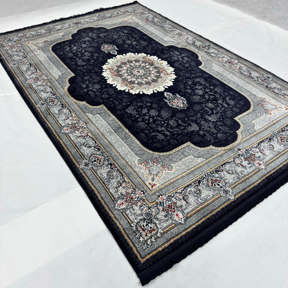 7 ft x 10 ft Black Persian 700 Reed Acrylic Rug, Nain Medallion Carpet