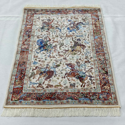 Persian Silk Hunting Scene Rug 2 ft x 3 ft | 1600 Reed Pure Silk Abresham