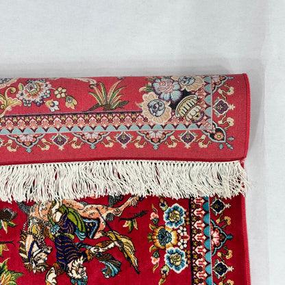 Persian Silk Hunting Scene Rug 2 ft x 3 ft | 1600 Reed Pure Silk Abresham