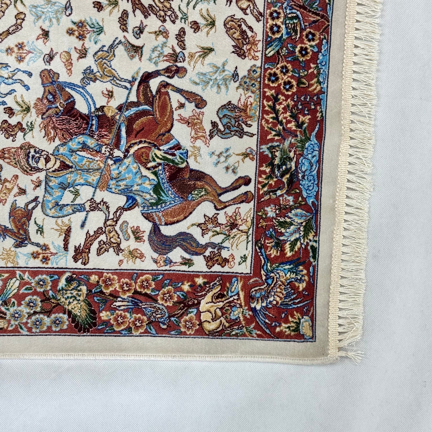 Persian Silk Hunting Scene Rug 2 ft x 3 ft | Pure Silk | 1600 Reeds