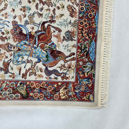 Persian Silk Hunting Scene Rug 2 ft x 3 ft | Pure Silk | 1600 Reeds