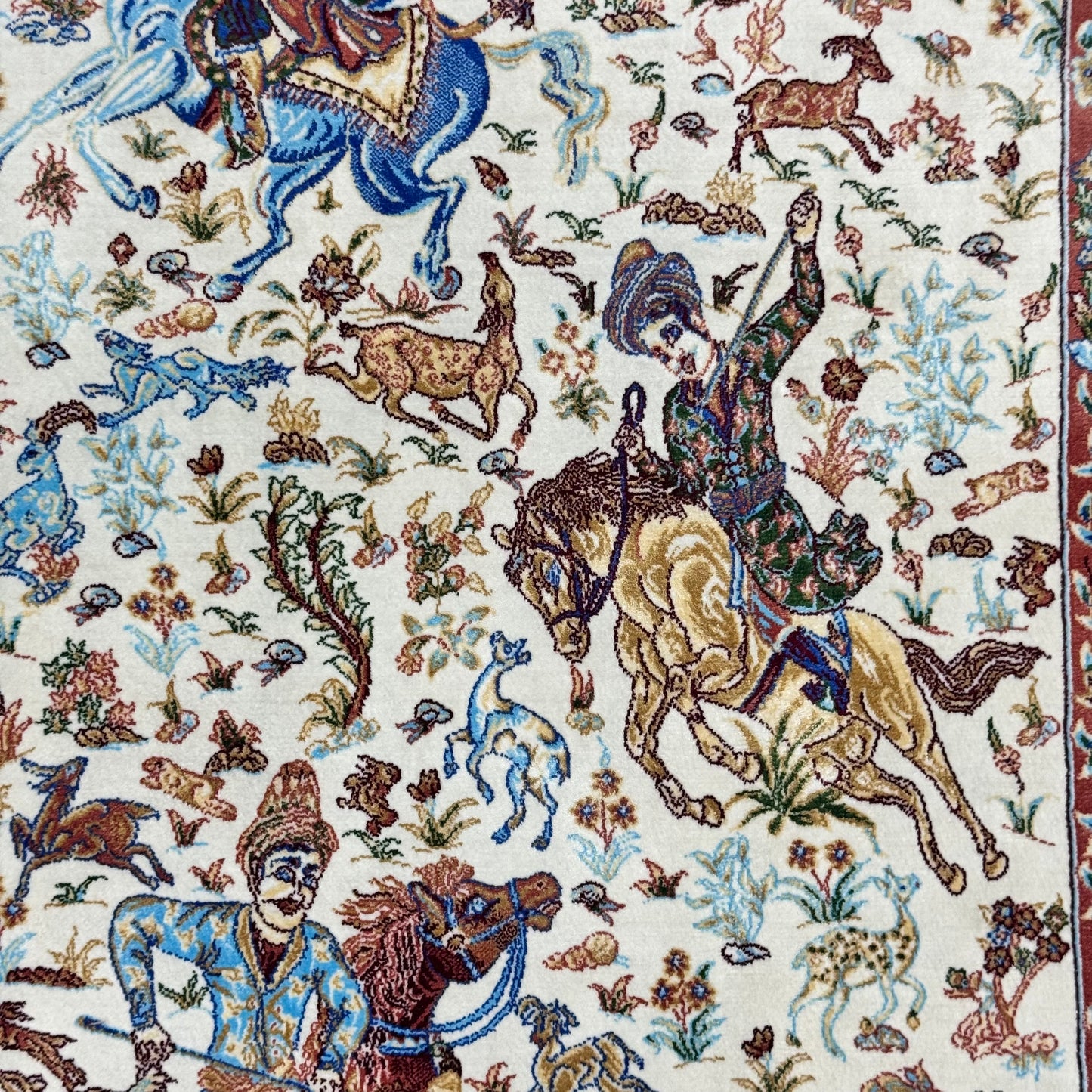 Persian Silk Hunting Scene Rug 2 ft x 3 ft | Pure Silk | 1600 Reeds