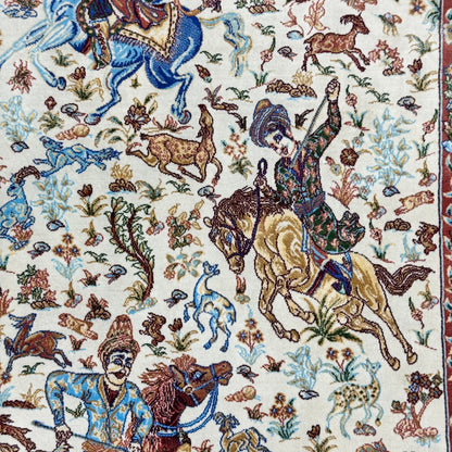 Persian Silk Hunting Scene Rug 2 ft x 3 ft | Pure Silk | 1600 Reeds
