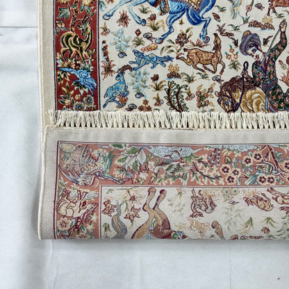 Persian Silk Hunting Scene Rug 2 ft x 3 ft | Pure Silk | 1600 Reeds