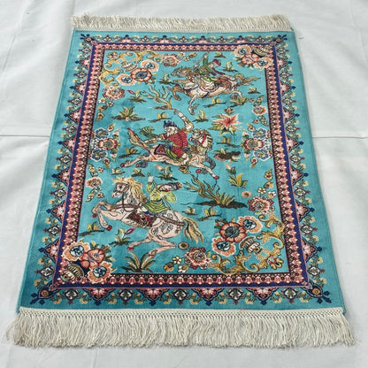 Persian Silk Hunting Scene Rug 2 ft x 3 ft | Teal Floral Equestrian