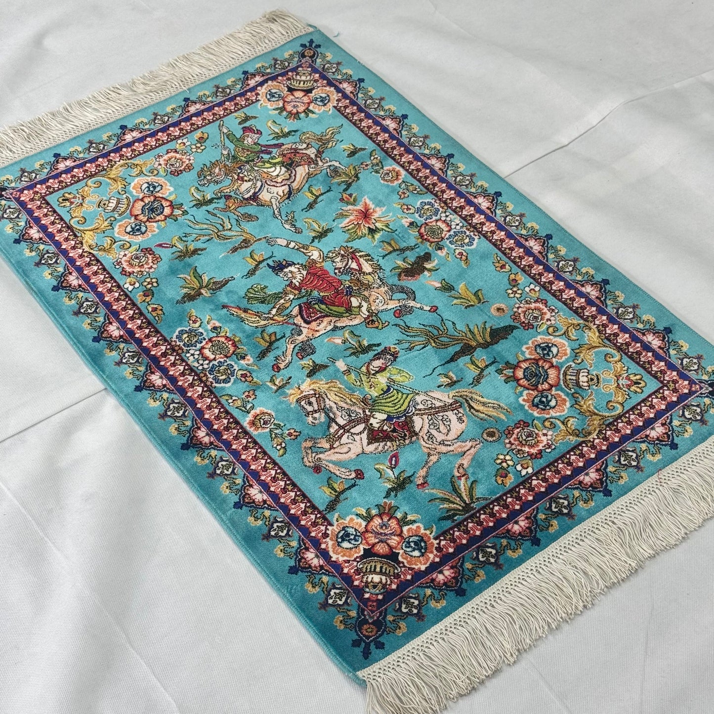 Persian Silk Hunting Scene Rug 2 ft x 3 ft | Teal Floral Equestrian