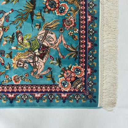 Persian Silk Hunting Scene Rug 2 ft x 3 ft | Teal Floral Equestrian