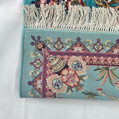 Persian Silk Hunting Scene Rug 2 ft x 3 ft | Teal Floral Equestrian