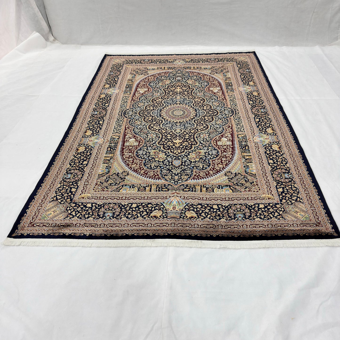 Persian Isfahan Medallion Pure Silk Abresham Rug 7 ft x 10 ft | 1600 Reed