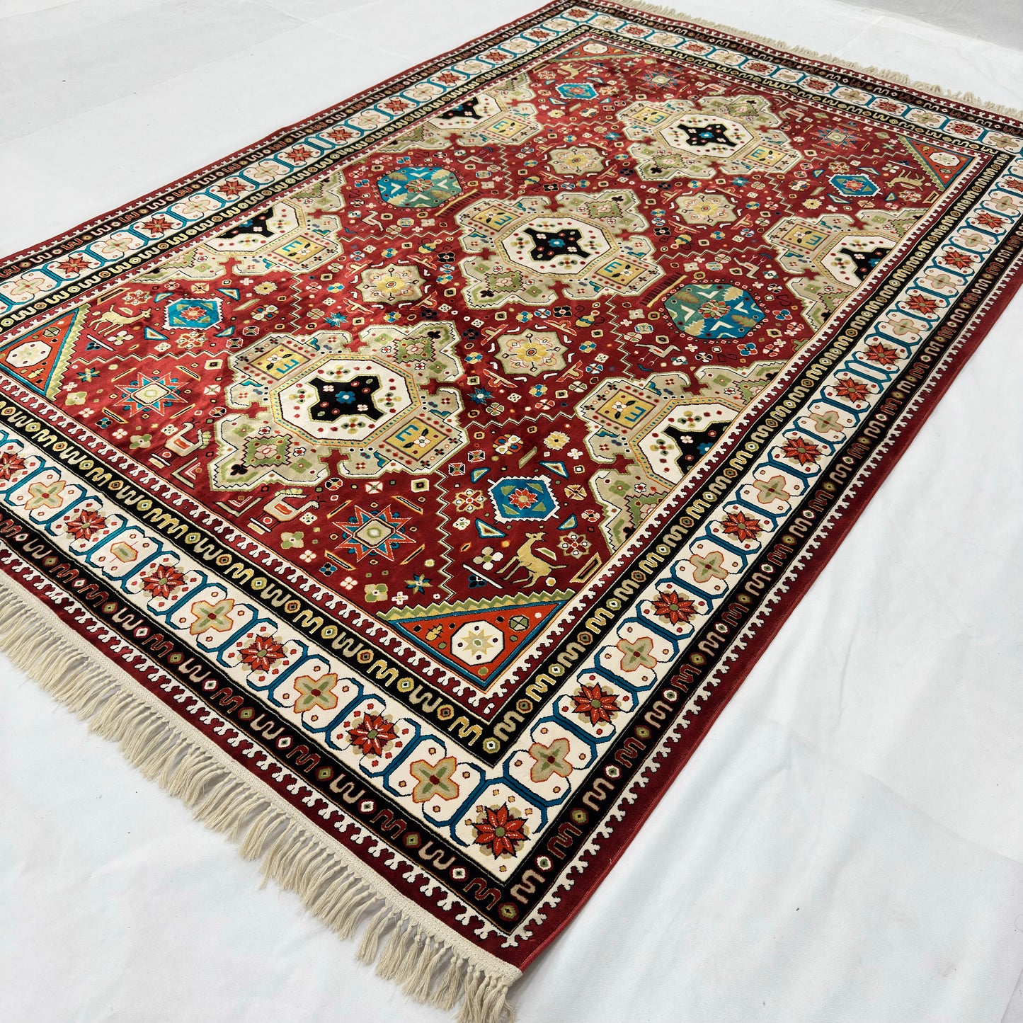 7 ft x 10 ft Red Persian 1200 Reed Acrylic Rug, Qashqai Geometric Carpet