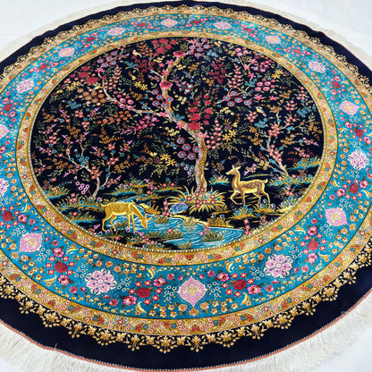 Persian Silk Round Rug 6.5 ft x 6.5 ft | Tree of Life Floral 1600 Reed