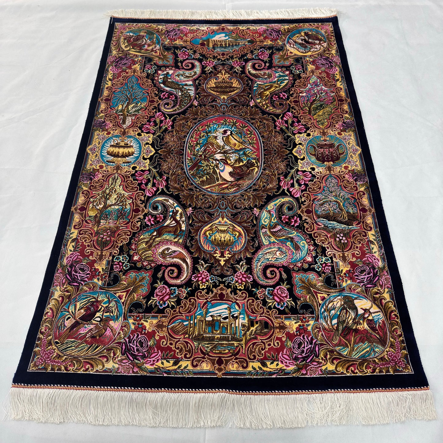 Persian Silk Qajar Pictorial Rug 3 ft x 5 ft | 1600 Reeds