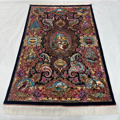 Persian Silk Qajar Pictorial Rug 3 ft x 5 ft | 1600 Reeds