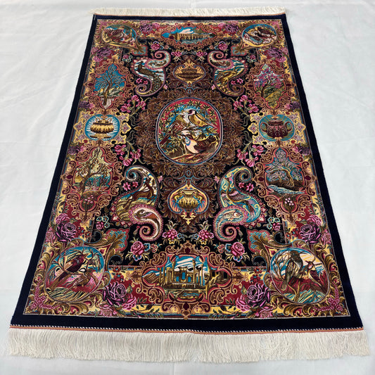 Persian Silk Qajar Pictorial Rug 3 ft x 5 ft | 1600 Reeds