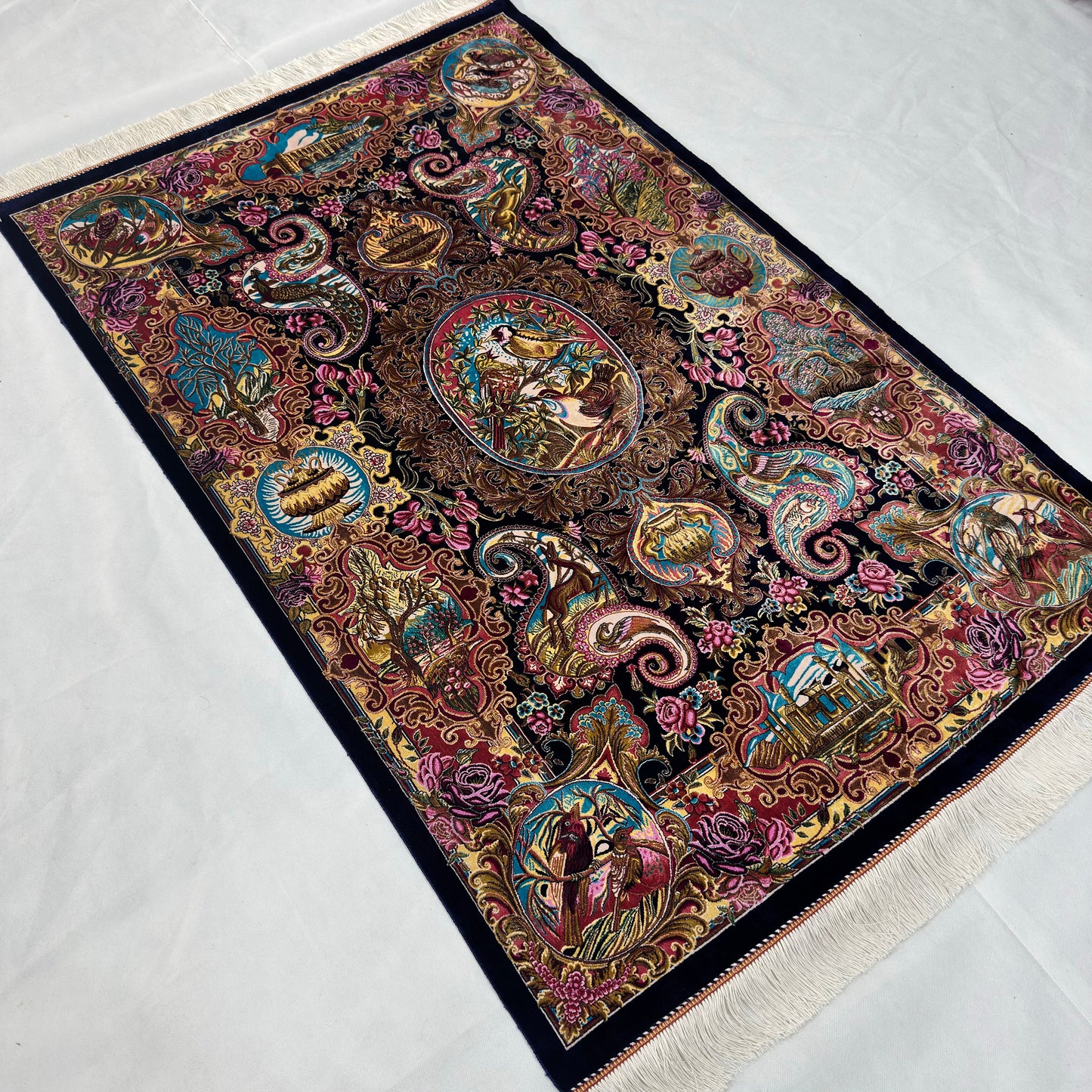Persian Silk Qajar Pictorial Rug 3 ft x 5 ft | 1600 Reeds