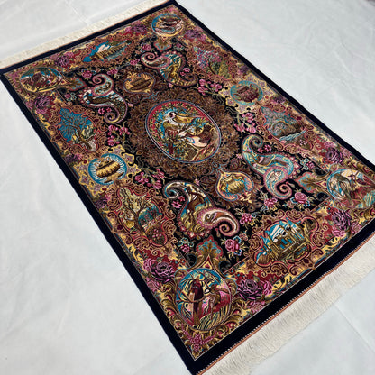 Persian Silk Qajar Pictorial Rug 3 ft x 5 ft | 1600 Reeds