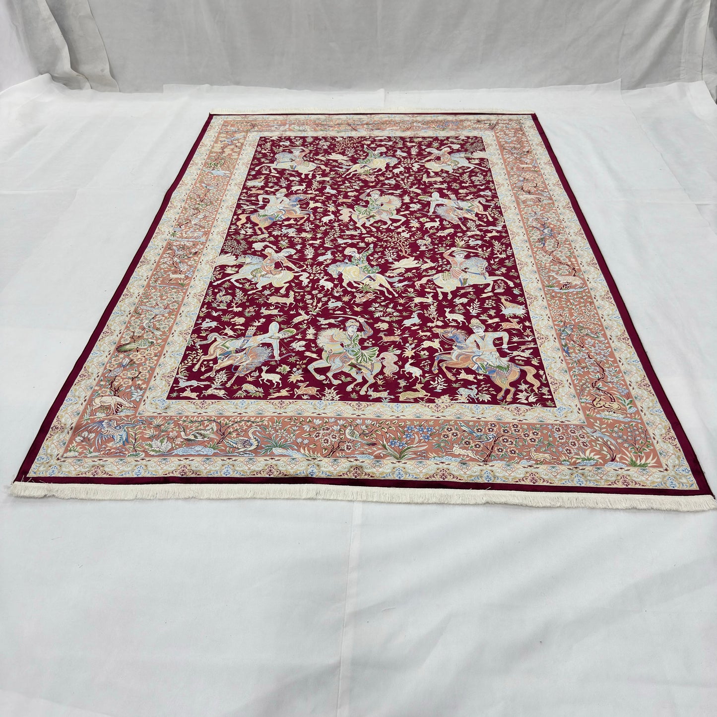 Persian Silk Hunting Scene Rug 7 ft x 10 ft | 1600 Reed Pure Silk