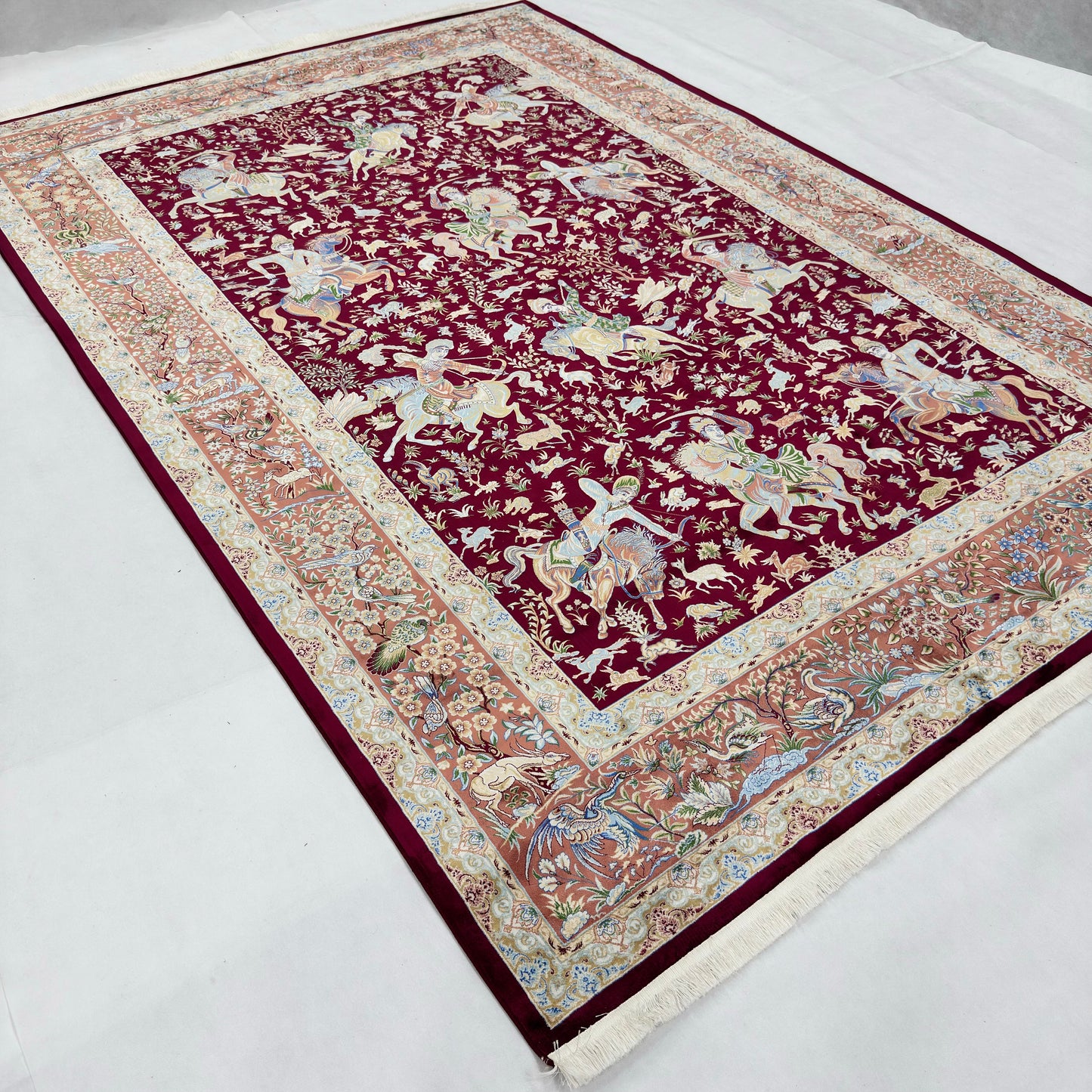 Persian Silk Hunting Scene Rug 7 ft x 10 ft | 1600 Reed Pure Silk