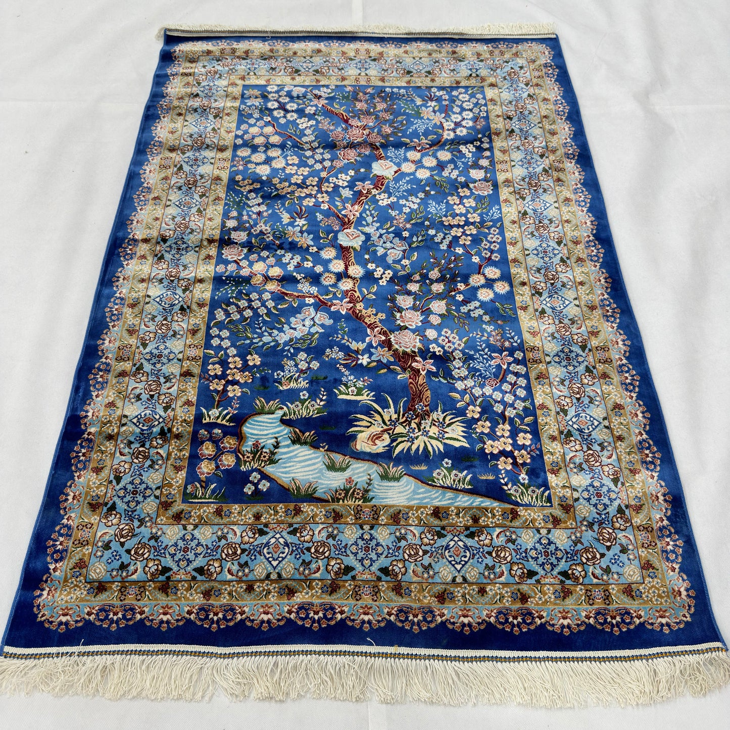 Persian Silk Blossom Tree Rug 4 ft x 6 ft | Pure Silk Abresham | 1600 Reeds